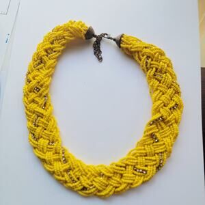 Yellow Seed Bead Braided Necklace With Rhinestone Accents Vintage Boho Statement